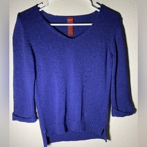 Olsen Europe Blue Knit V-Neck 3/4 Sleeve Sweater XS